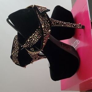 Black Velvet hugh heel with Gold spikes and stud heel and straps 9M